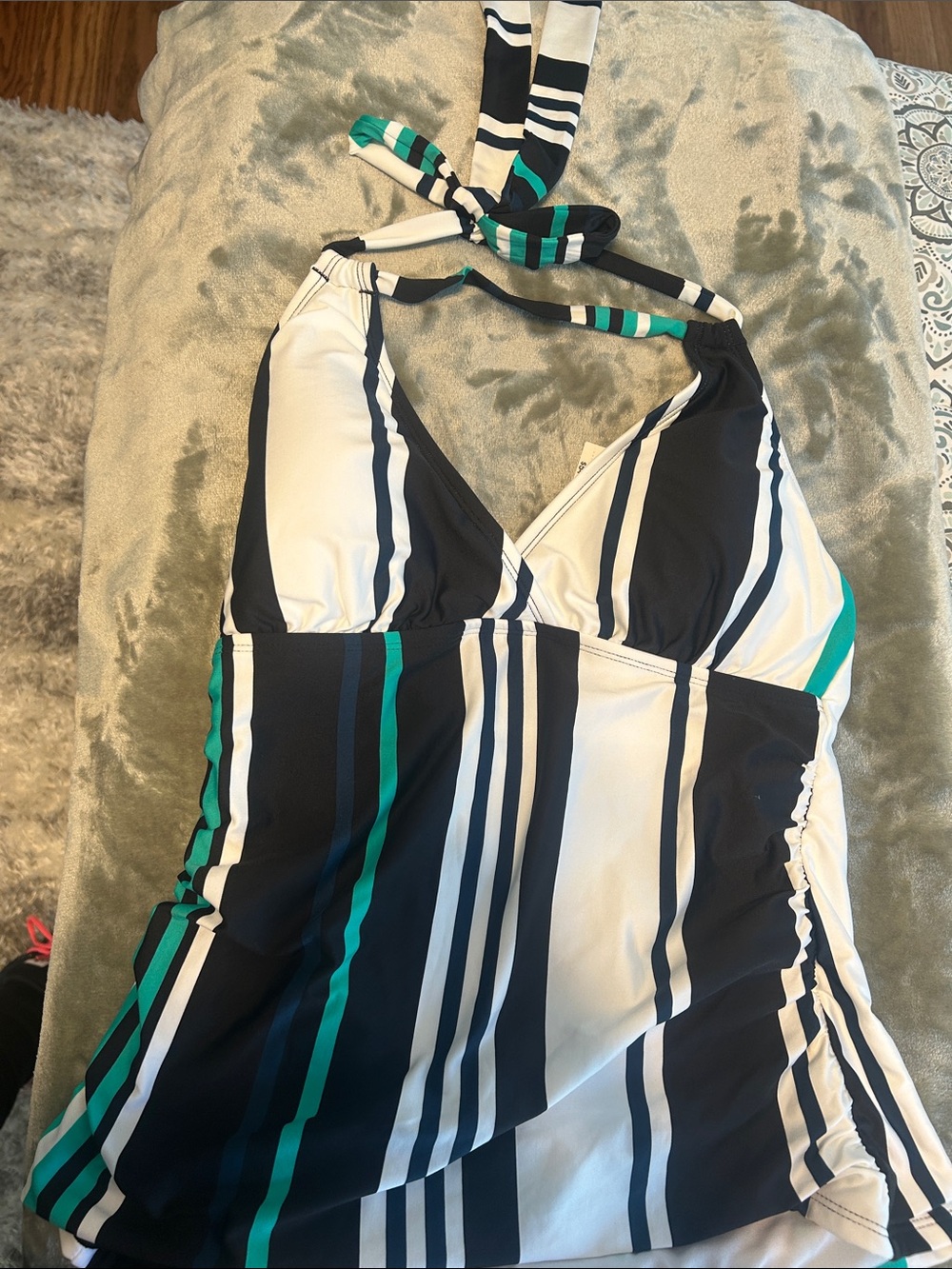 Striped Black, White & Green Halter Swim Top